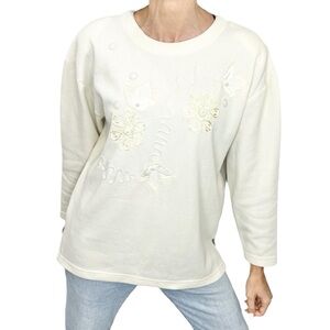 Vintage 90s boxy cream embroidered applique ribbed knit grandma sweater M